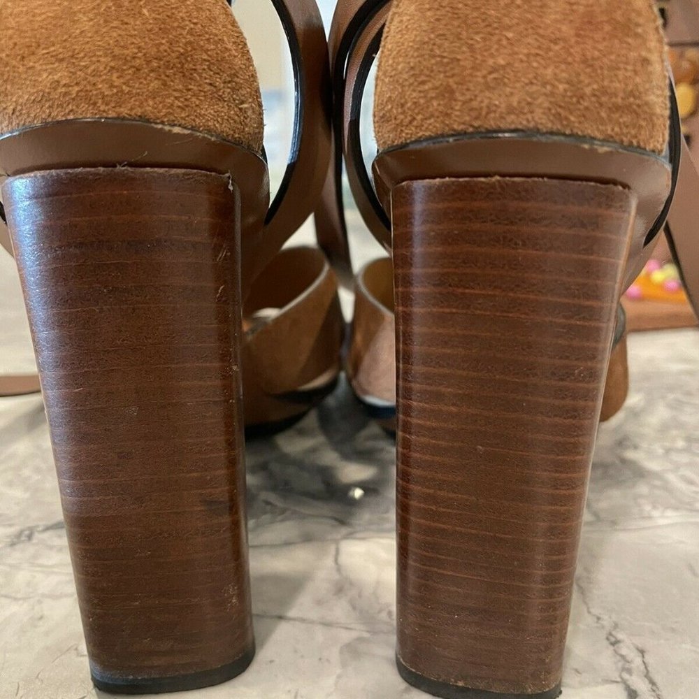GUCCI 37.5 Brown Suede & Leather Ankle Wrap Strap Sandal Heels Maori - Picture 9 of 11